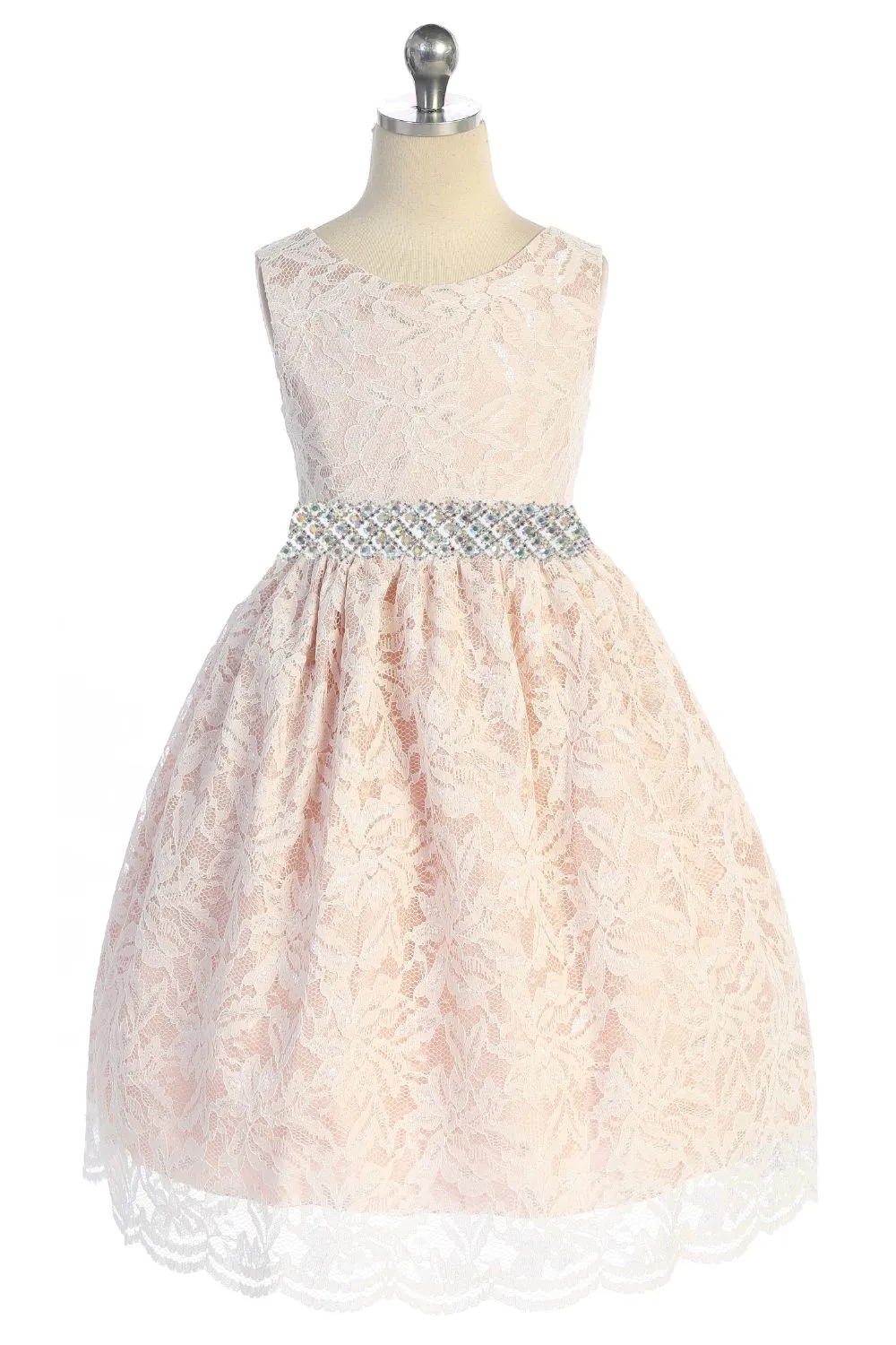 526-E- Lace V Back Bow Plus Size Dress w/ Thick Rhinestone Trim