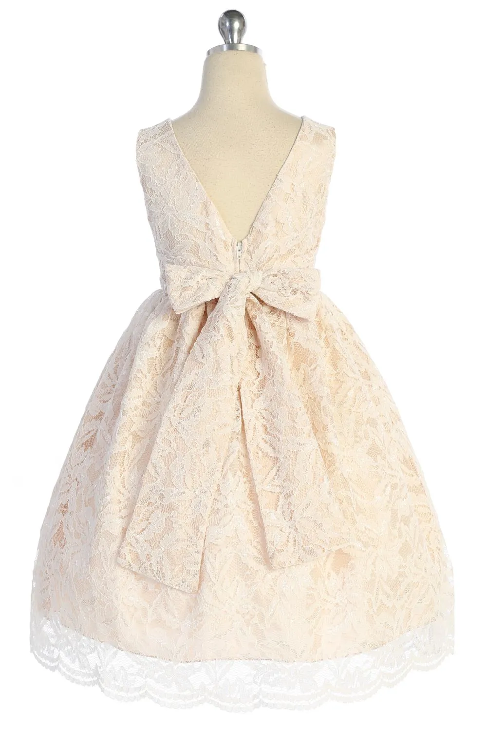 526-E- Lace V Back Bow Plus Size Dress w/ Thick Rhinestone Trim