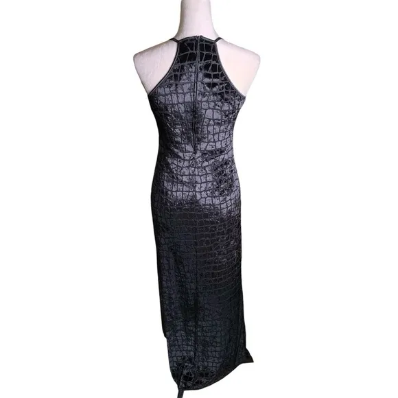 90s Vintage Crushed Black Velvet Croc Halter Maxi Dress Swiftie Reputation Vamp