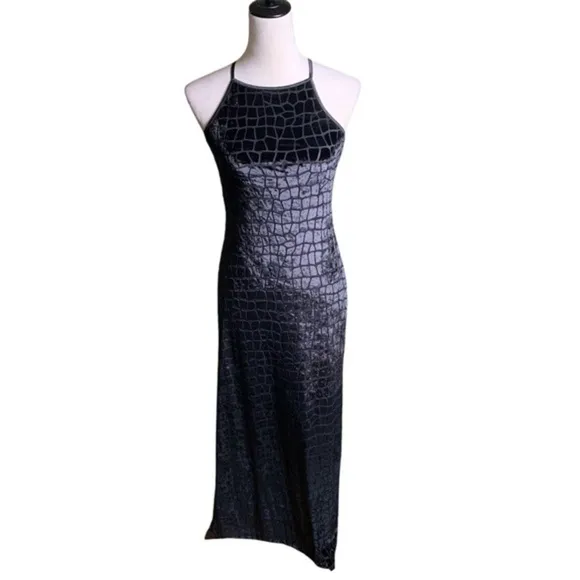 90s Vintage Crushed Black Velvet Croc Halter Maxi Dress Swiftie Reputation Vamp