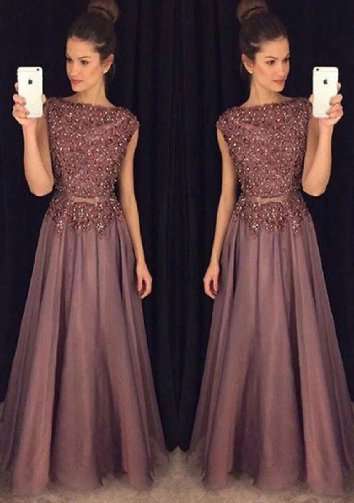 A-line Bateau Beaded Floor Length Silver Grey Chiffon Evening Gown