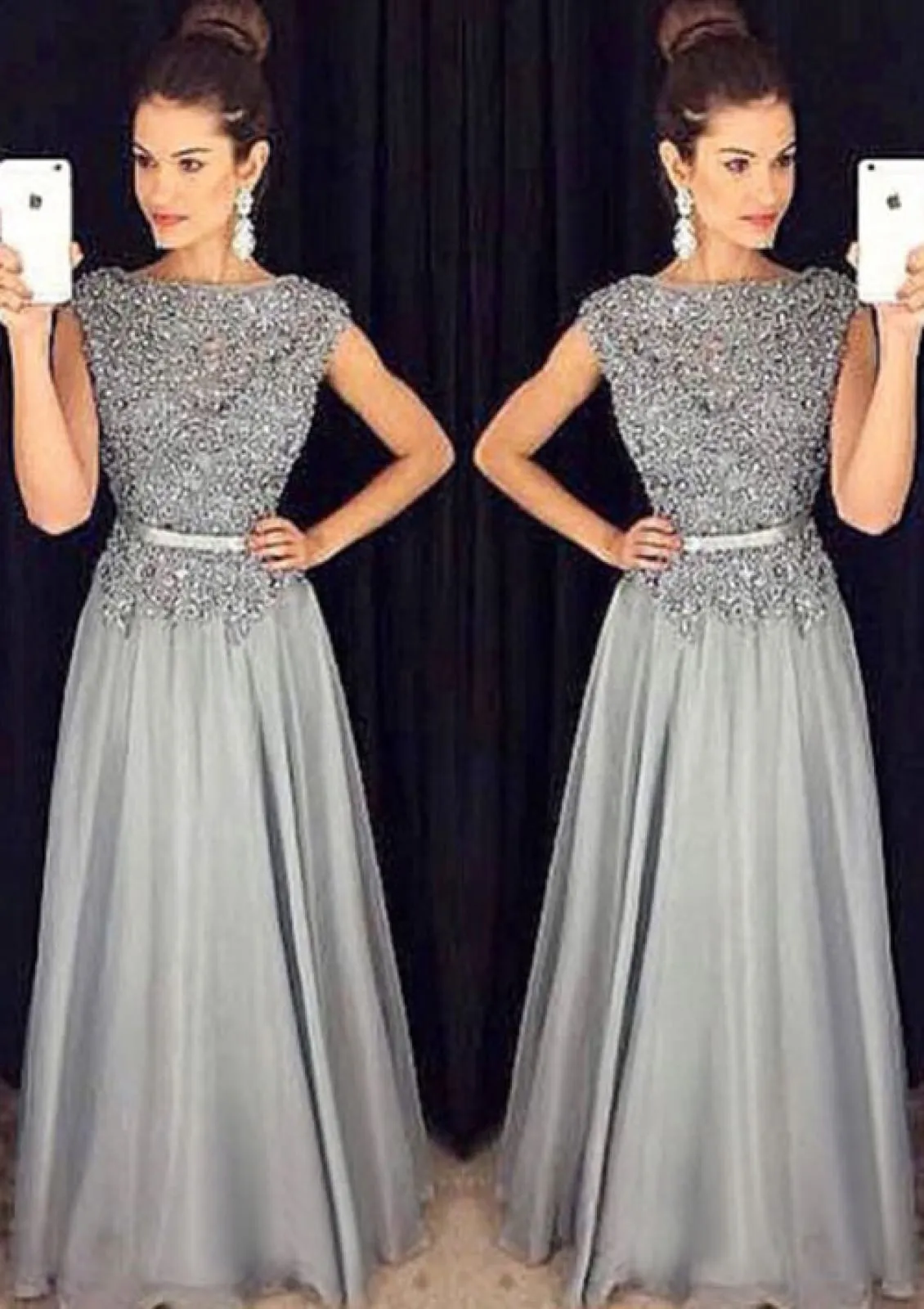 A-line Bateau Beaded Floor Length Silver Grey Chiffon Evening Gown