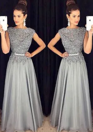 A-line Bateau Beaded Floor Length Silver Grey Chiffon Evening Gown