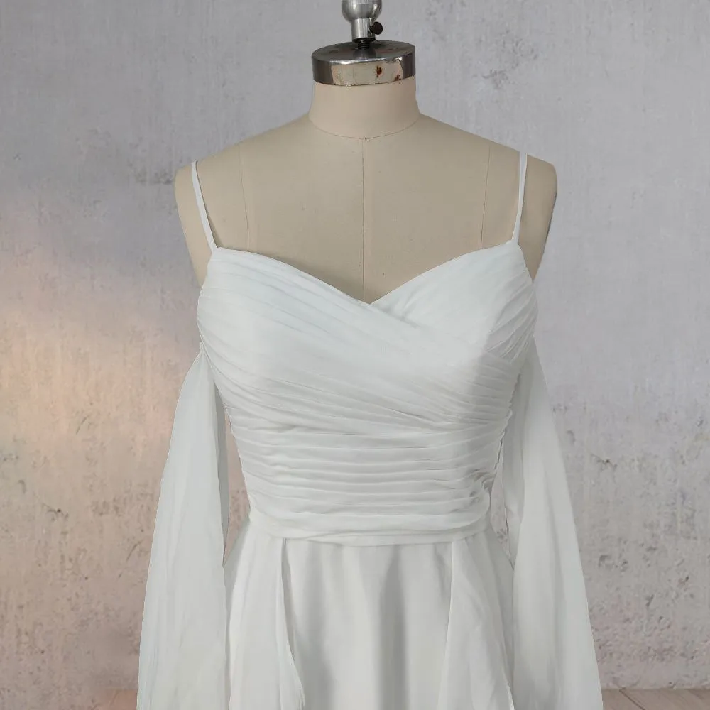 A-Line Chiffon Detachable Puffy Sleeves Wedding Dress
