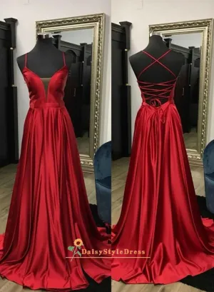 A line Long Criss Cross Back Deep Red Prom Dress