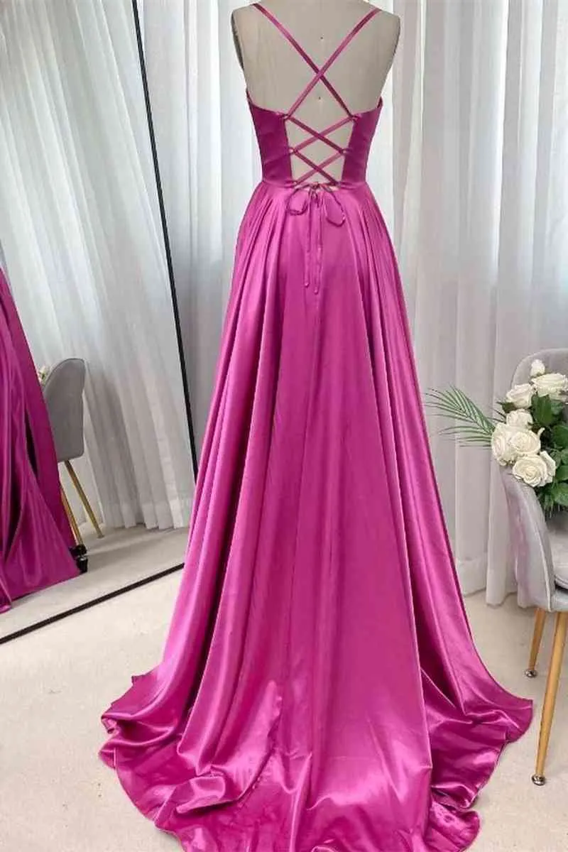 A-Line Long Spaghetti Straps Fuchsia Ruched Prom Dress