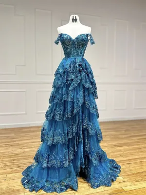 A-Line Off Shoulder Tulle Sequin Blue Long Prom Dress, Blue Long Formal Dress