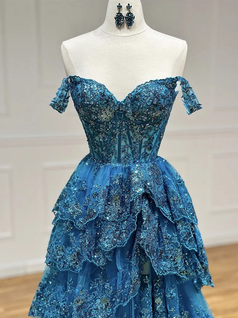 A-Line Off Shoulder Tulle Sequin Blue Long Prom Dress, Blue Long Formal Dress