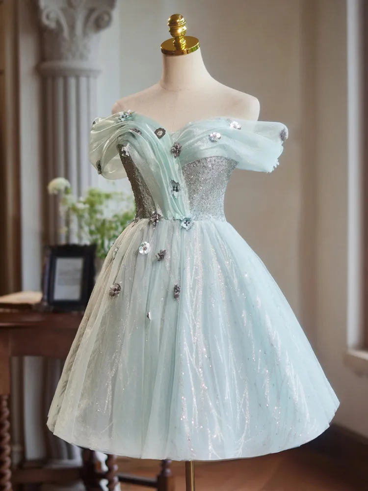 A-Line Off the Shoulder Tulle with Hand Made Flower Homecoming Dress