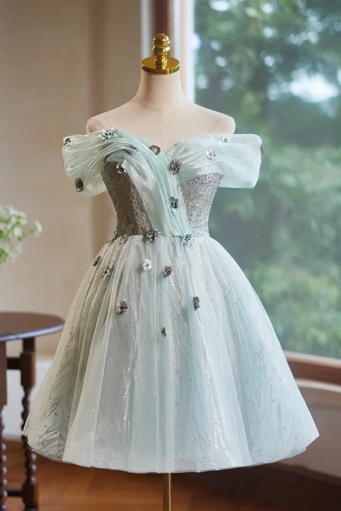 A-Line Off the Shoulder Tulle with Hand Made Flower Homecoming Dress