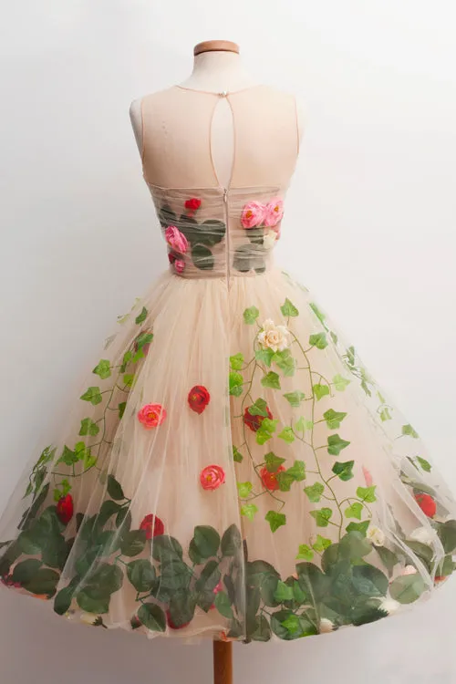 A-Line Scoop Knee-Length Homecoming Dress with Red Flowers,MH476