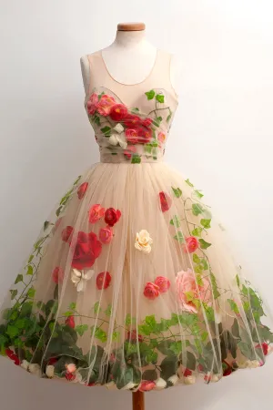 A-Line Scoop Knee-Length Homecoming Dress with Red Flowers,MH476