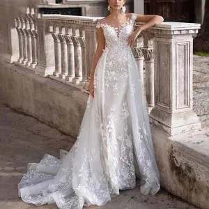 A-Line Scoop Sweep Train Tulle Wedding Dresses With Appliques Lace