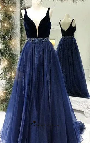 A line Slit Navy Blue Prom Dress