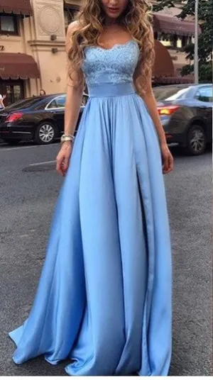 A line Slit Spaghetti Straps Light Blue Prom Dress