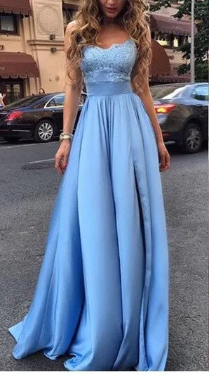 A line Slit Spaghetti Straps Light Blue Prom Dress