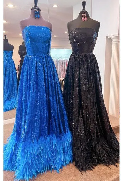 A-Line Strapless Sequined Long Formal Dress with Feather Hem