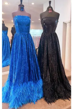 A-Line Strapless Sequined Long Formal Dress with Feather Hem
