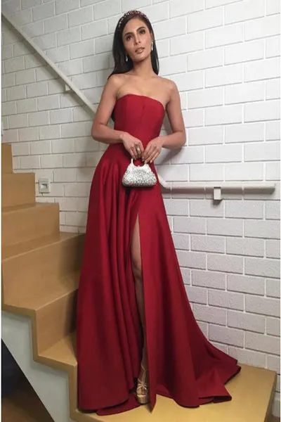 A-Line Strapless Sweep Train Red Satin Prom Dress with Split PD001