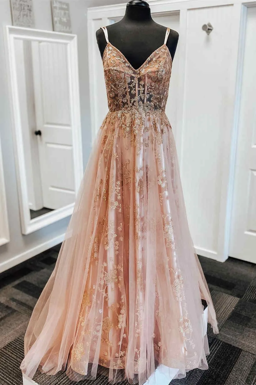 A-Line Straps Blush Pink Prom Dress with Embroidery