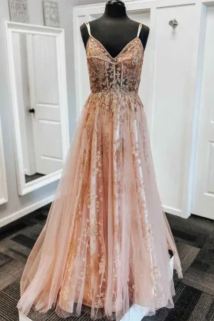 A-Line Straps Blush Pink Prom Dress with Embroidery