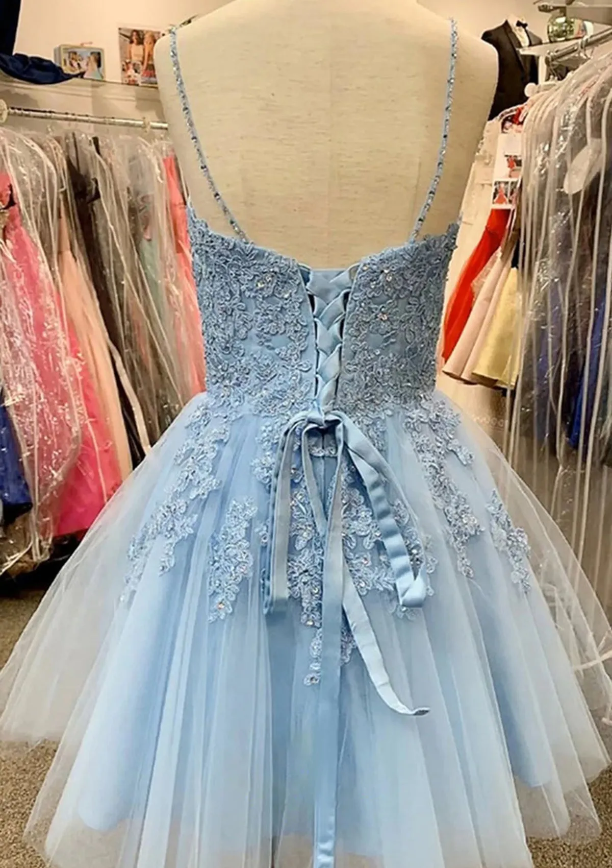 A-line V Neck Lace Tulle Satin Short Mini Homecoming Dress, Sequins
