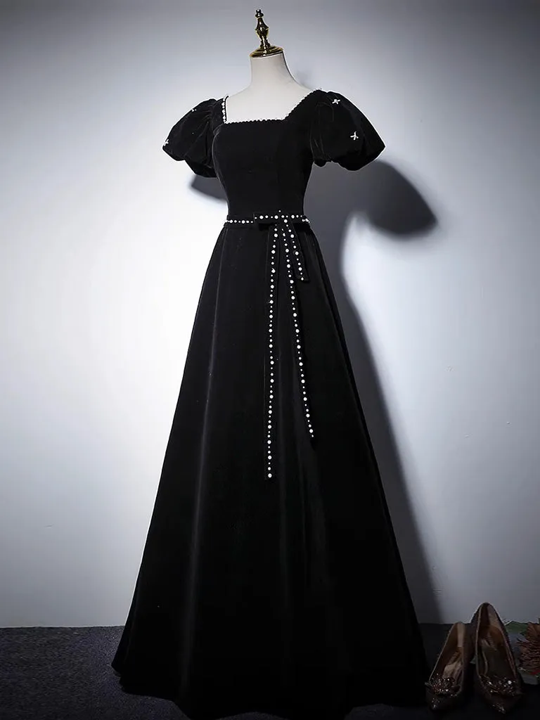 A-Line Velvet Black Long Prom Dress, Black Velvet Evening Dress