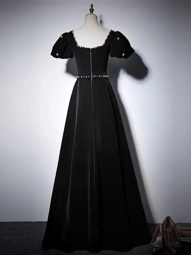 A-Line Velvet Black Long Prom Dress, Black Velvet Evening Dress