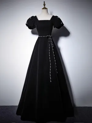 A-Line Velvet Black Long Prom Dress, Black Velvet Evening Dress