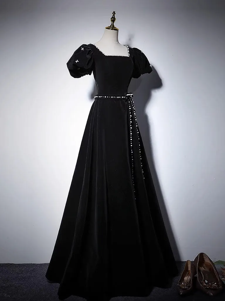 A-Line Velvet Black Long Prom Dress, Black Velvet Evening Dress