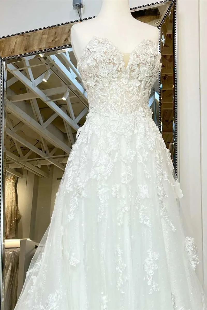 A-Line White Floral Applique Sweetheart Long Wedding Dress with Sweep Train