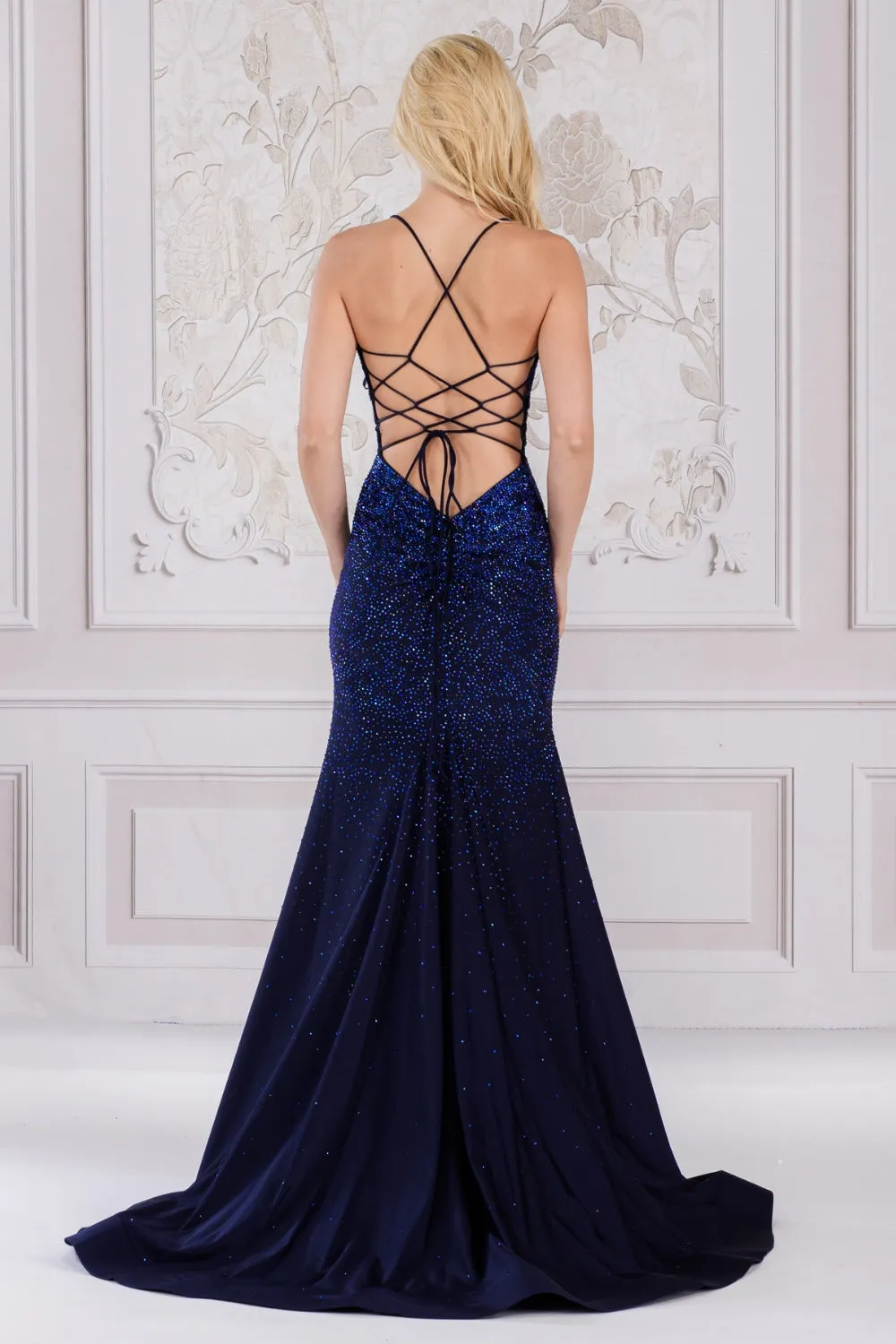 AC 3018 - Stretch Jersey Fit & Flare Prom Gown With Beaded Lace Embellished Bodice & Lace Up Corset Back