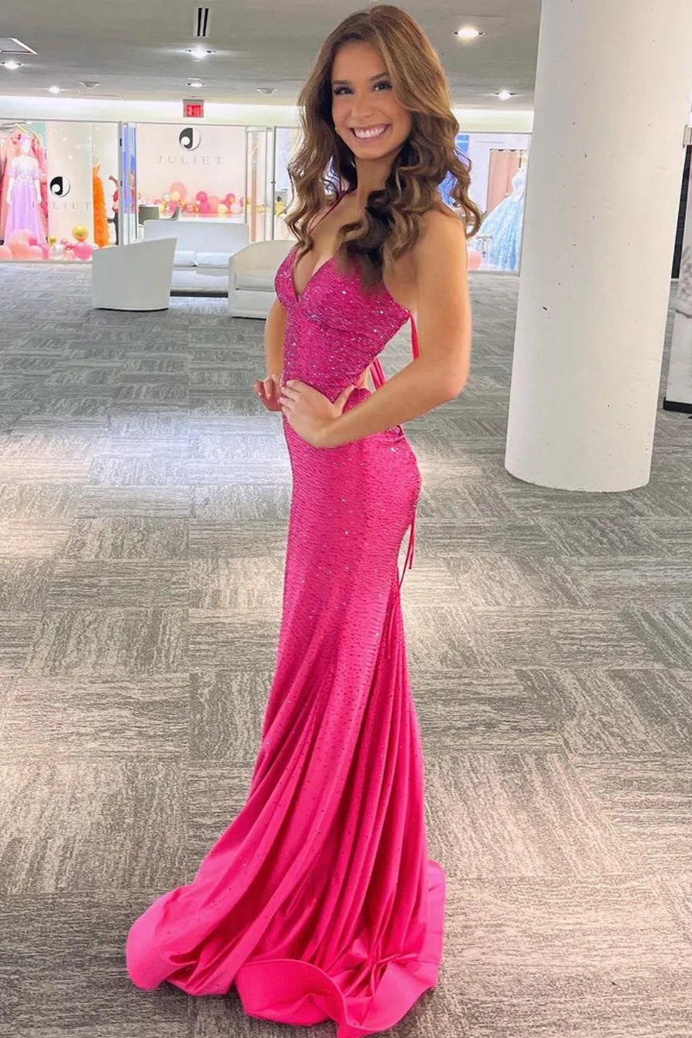 AC 3018 - Stretch Jersey Fit & Flare Prom Gown With Beaded Lace Embellished Bodice & Lace Up Corset Back