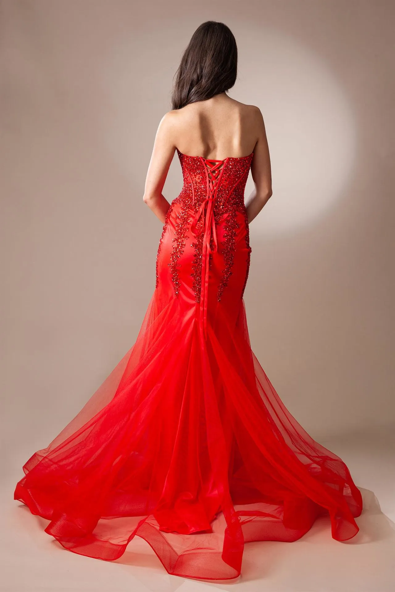AC 7051 - Strapless Fit & Flare Prom Gown with Sheer Boned Beaded Corset Bodice & Leg Slit