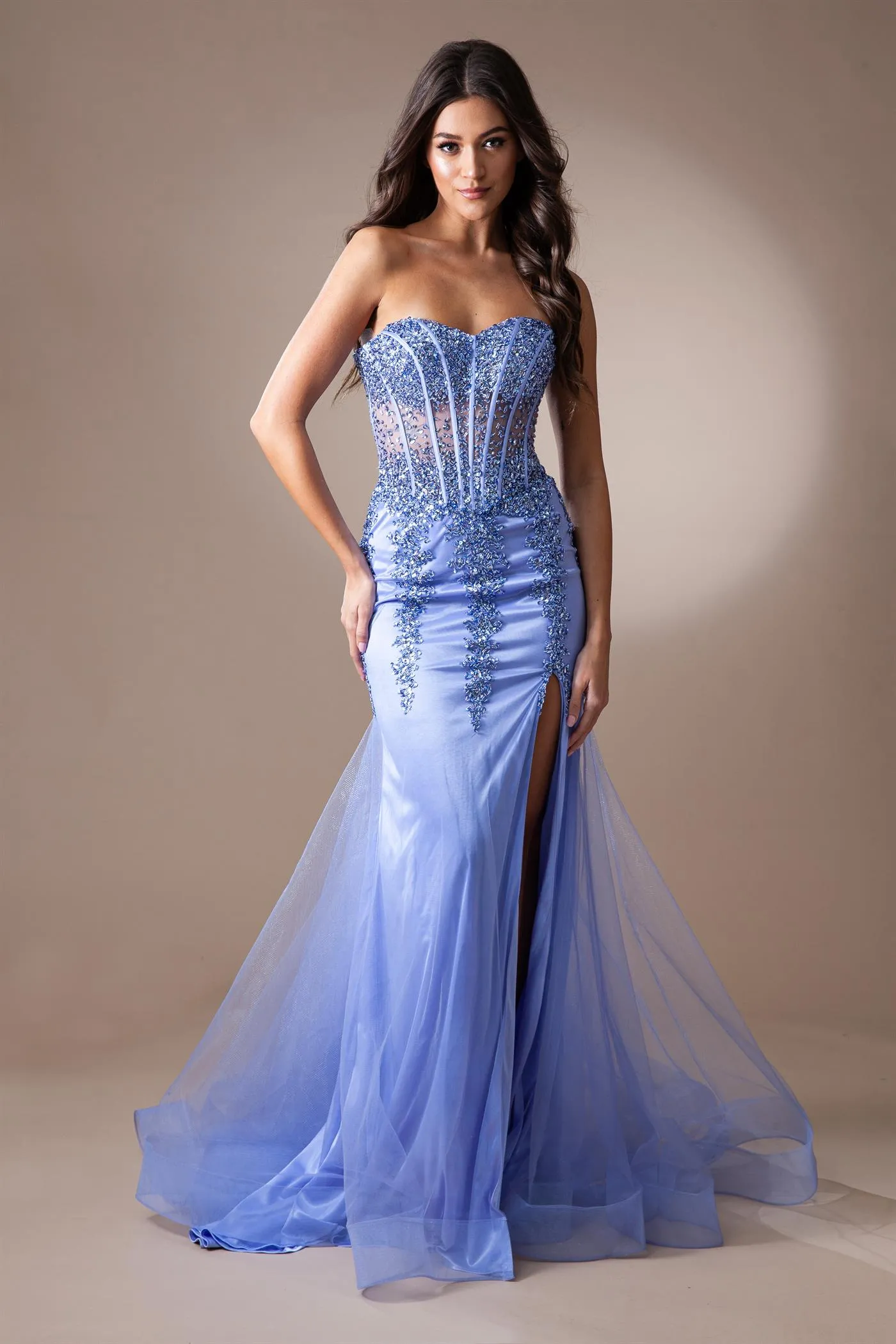 AC 7051 - Strapless Fit & Flare Prom Gown with Sheer Boned Beaded Corset Bodice & Leg Slit