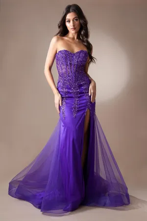 AC 7051 - Strapless Fit & Flare Prom Gown with Sheer Boned Beaded Corset Bodice & Leg Slit