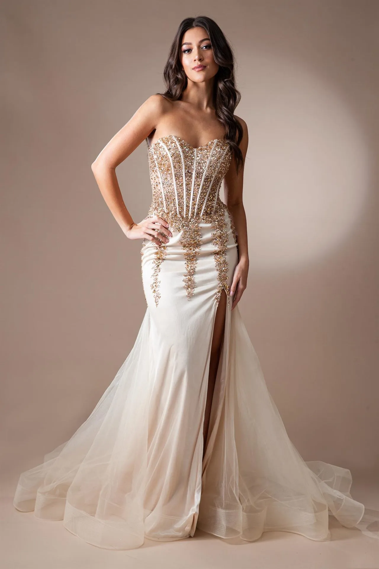 AC 7051 - Strapless Fit & Flare Prom Gown with Sheer Boned Beaded Corset Bodice & Leg Slit