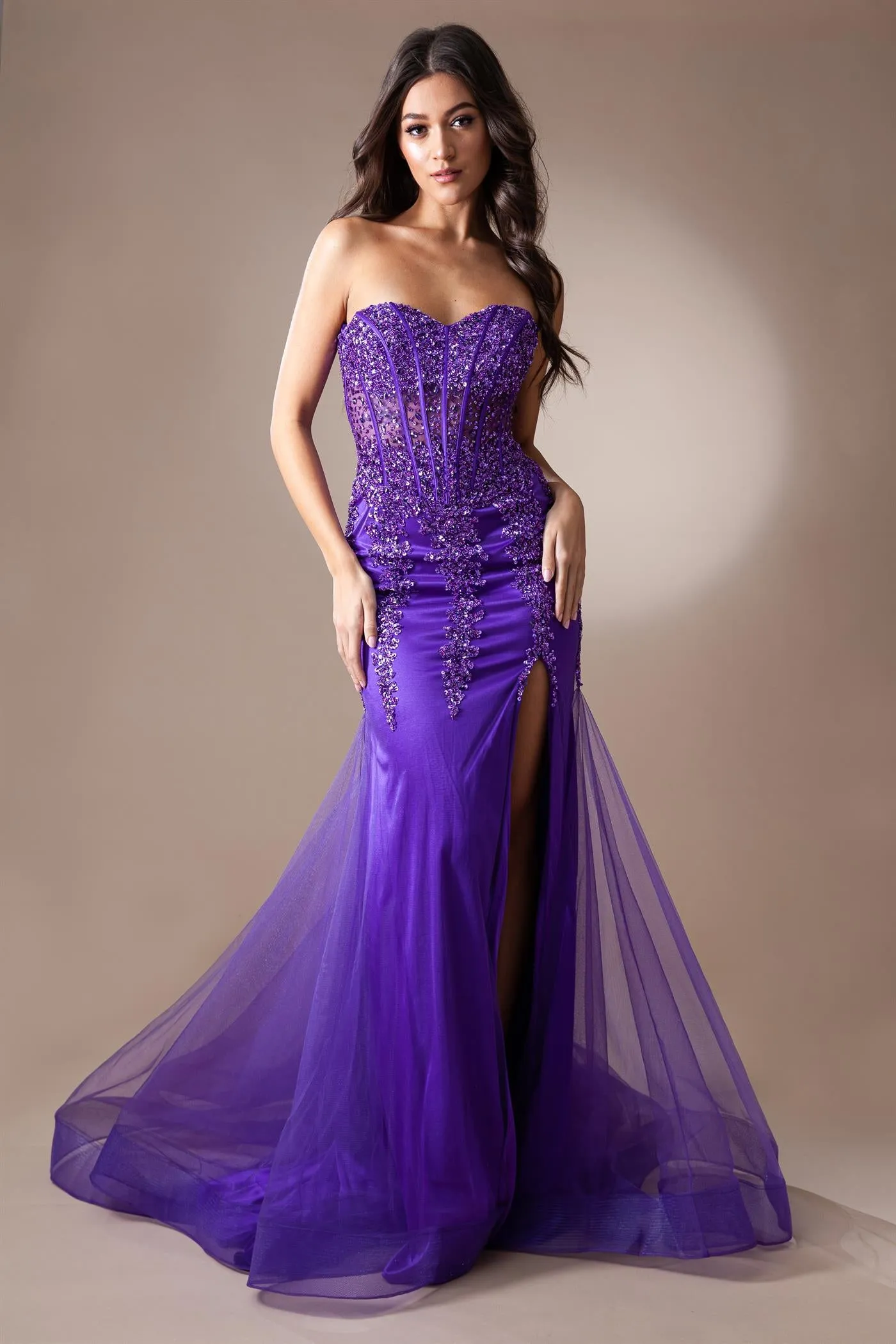 AC 7051 - Strapless Fit & Flare Prom Gown with Sheer Boned Beaded Corset Bodice & Leg Slit
