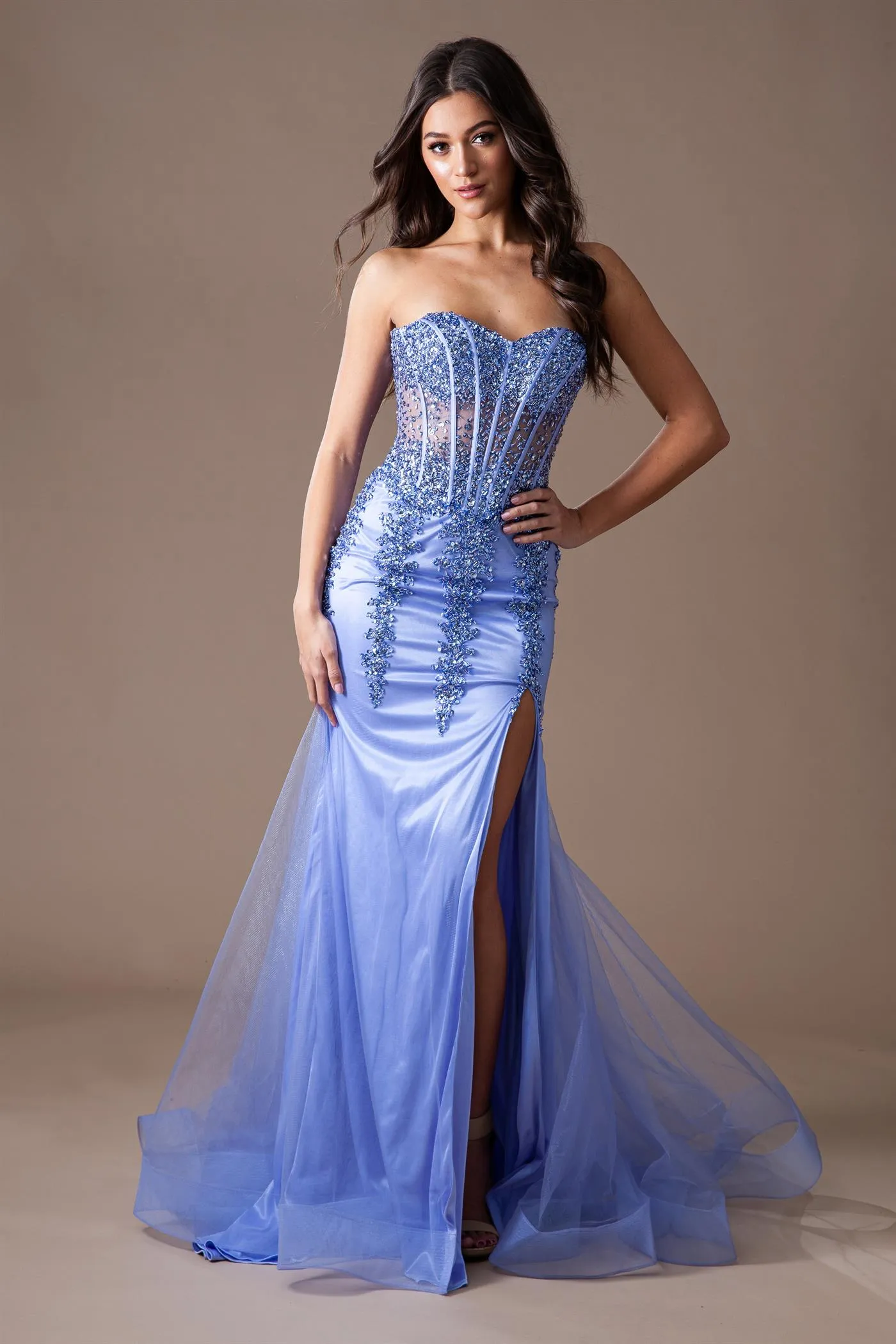 AC 7051 - Strapless Fit & Flare Prom Gown with Sheer Boned Beaded Corset Bodice & Leg Slit
