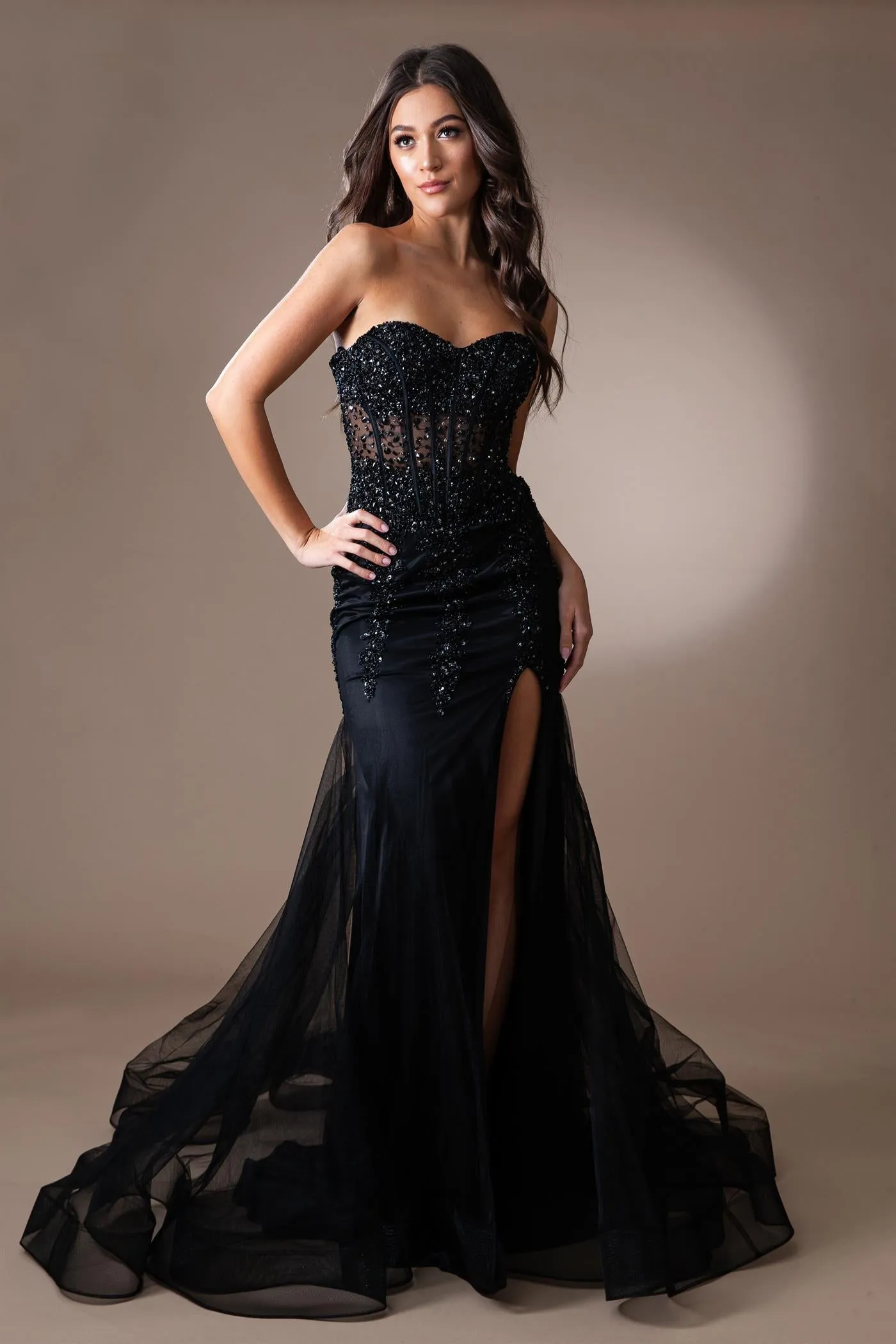 AC 7051 - Strapless Fit & Flare Prom Gown with Sheer Boned Beaded Corset Bodice & Leg Slit
