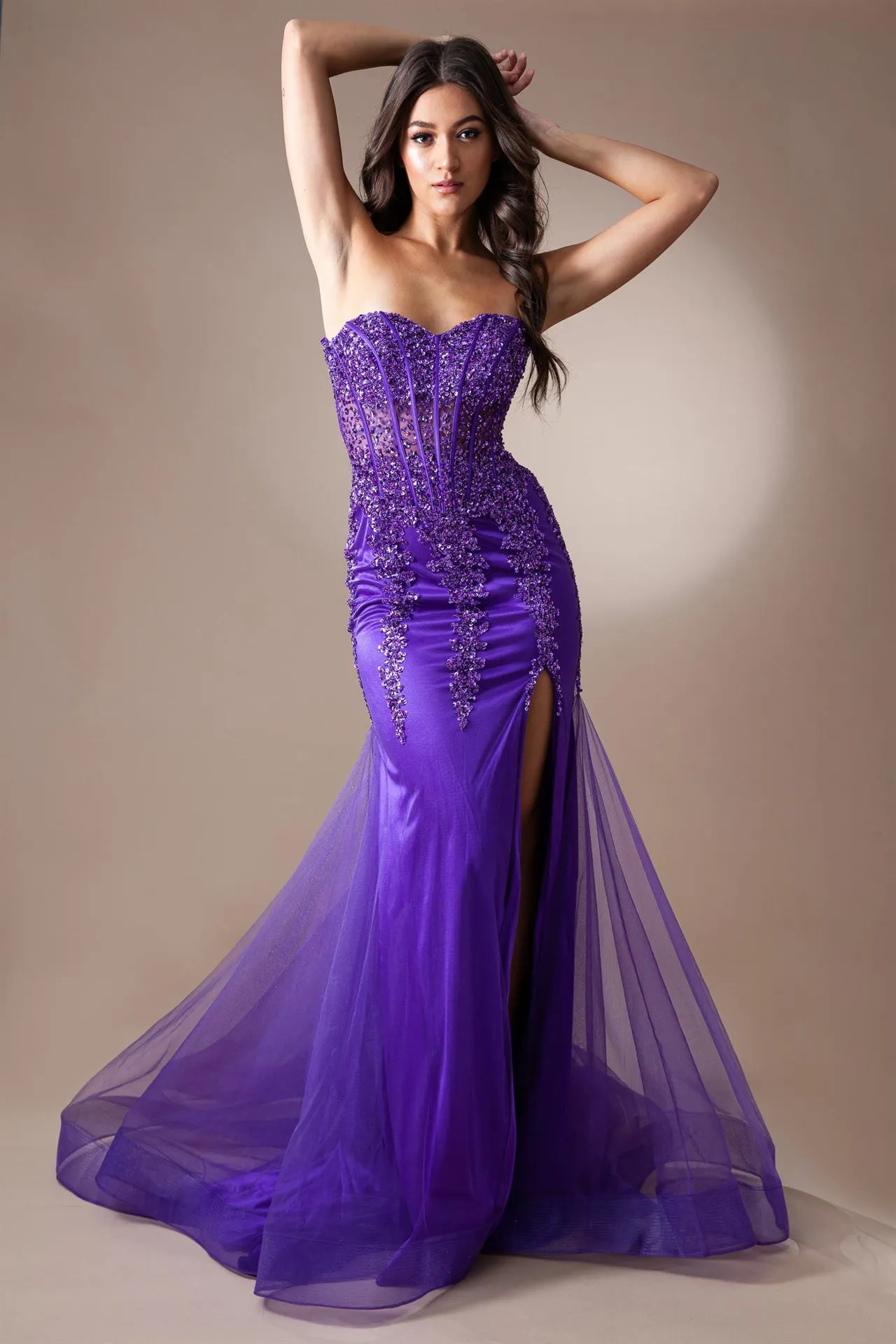 AC 7051 - Strapless Fit & Flare Prom Gown with Sheer Boned Beaded Corset Bodice & Leg Slit