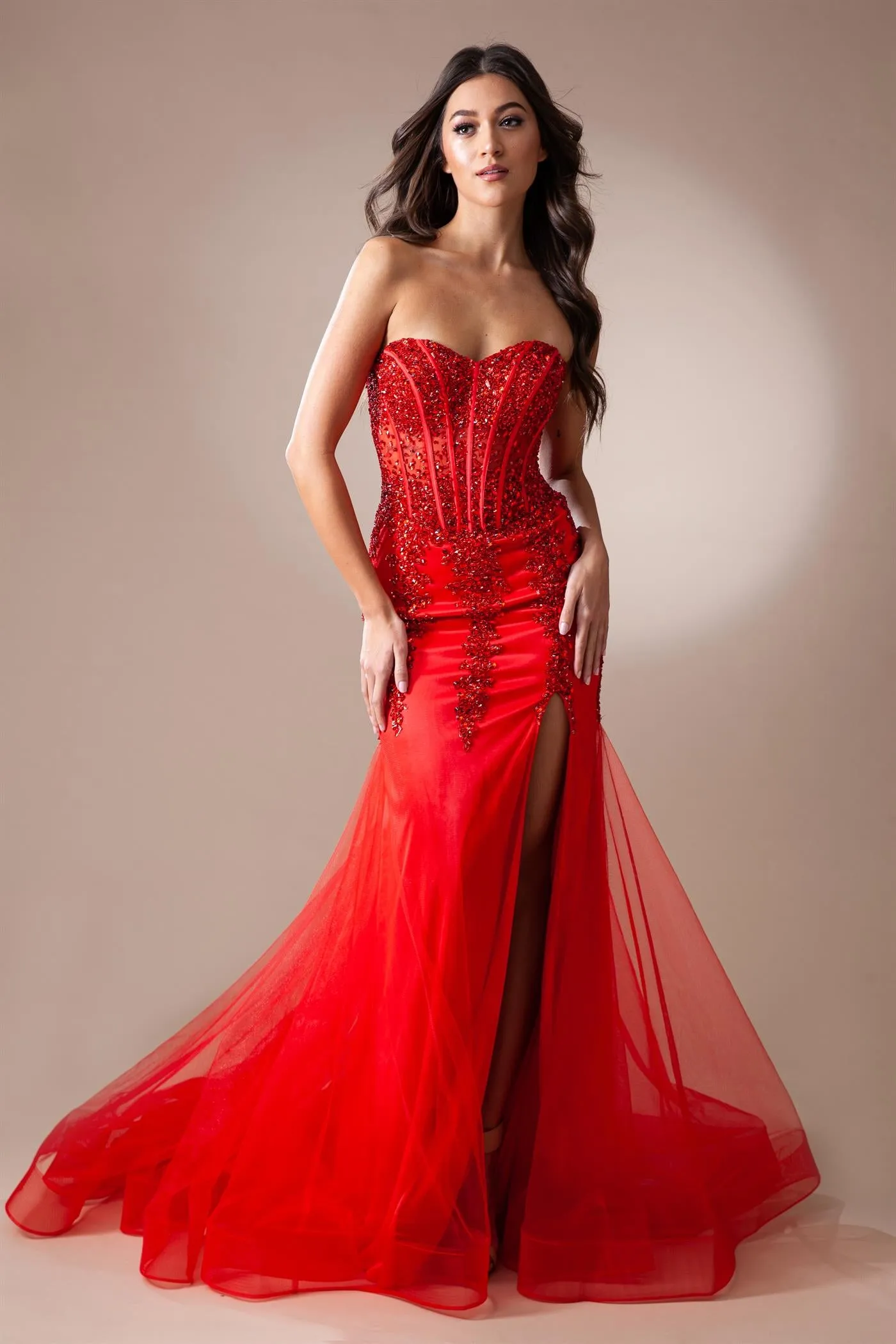 AC 7051 - Strapless Fit & Flare Prom Gown with Sheer Boned Beaded Corset Bodice & Leg Slit