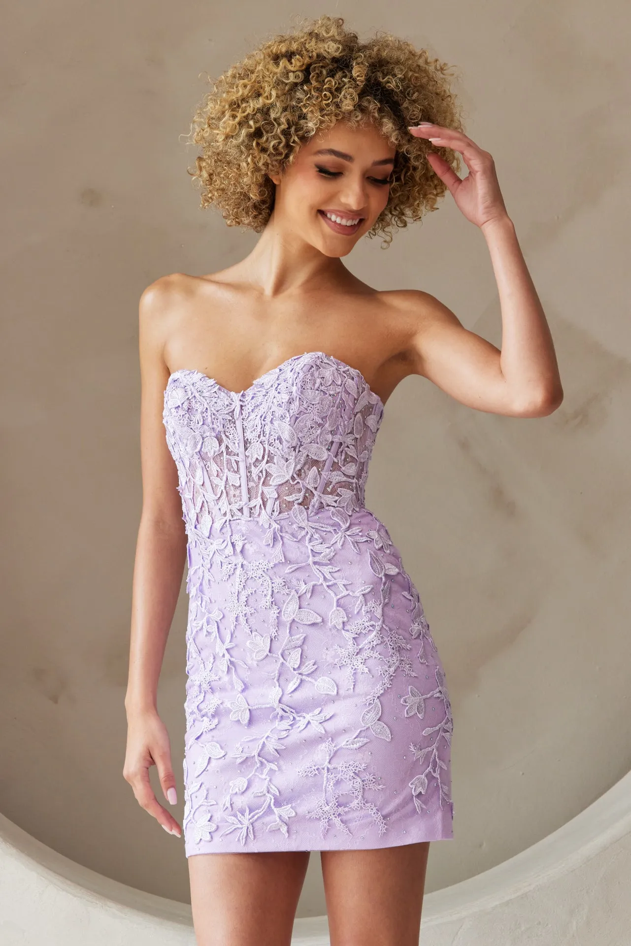 AC 7053S - Short Strapless Sequin Lace Embellished Fitted Homecoming Dress with Sheer Boned Bodice & Open  Lace Up Back