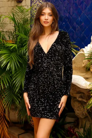 AC BZ029S - Long Sleeved All Sequin Short Homecoming Dress with V-Neck
