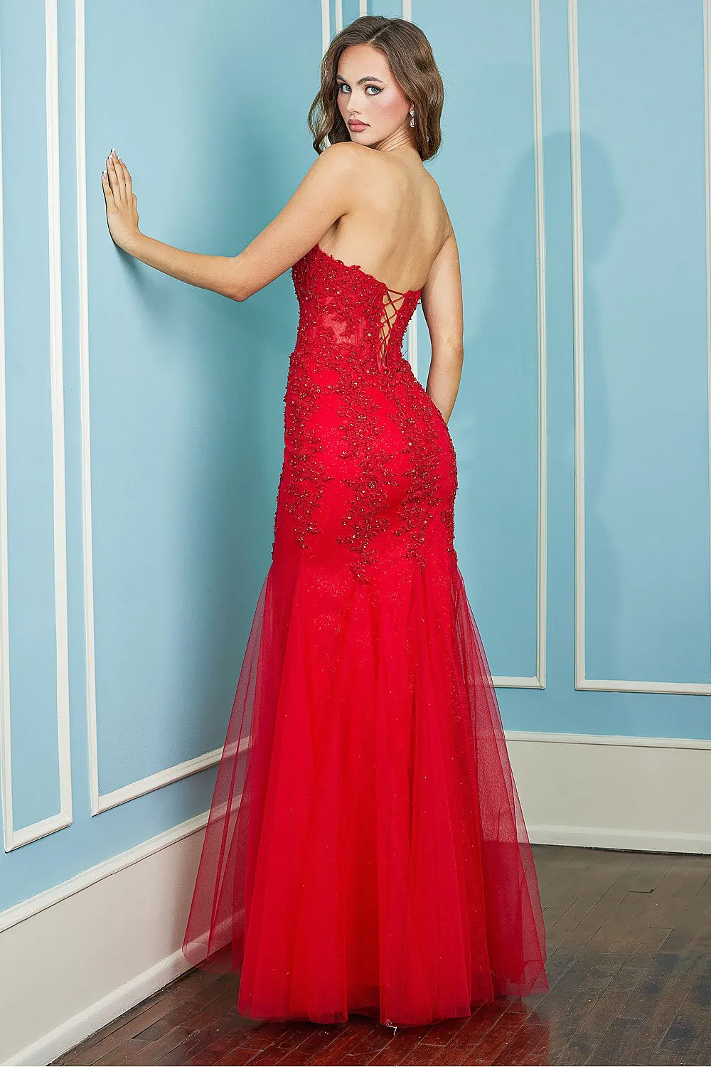 AD 3108 - Fit & Flare Strapless Beaded Lace Embellished Prom Gown With Corset Back