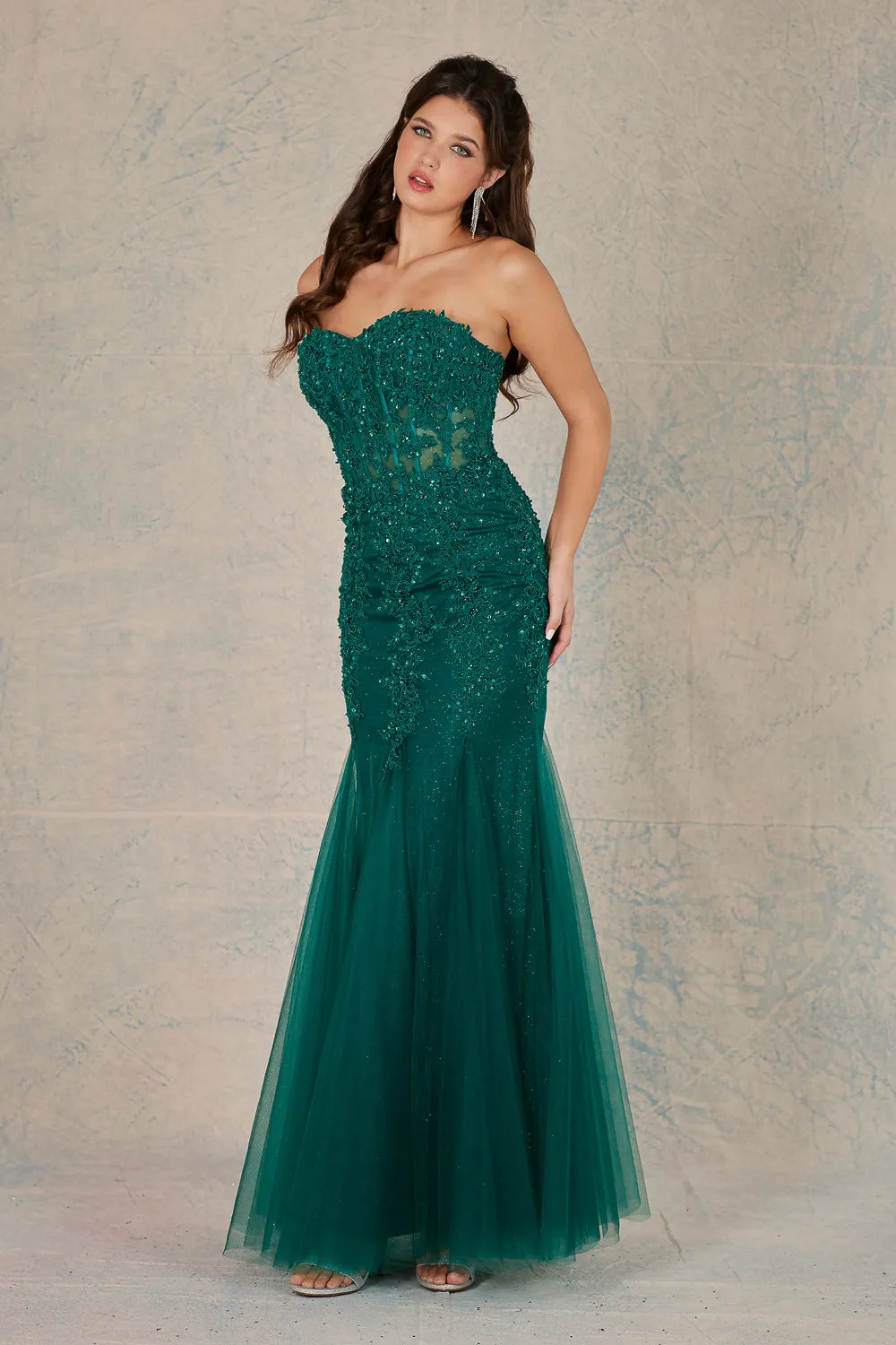 AD 3108 - Fit & Flare Strapless Beaded Lace Embellished Prom Gown With Corset Back