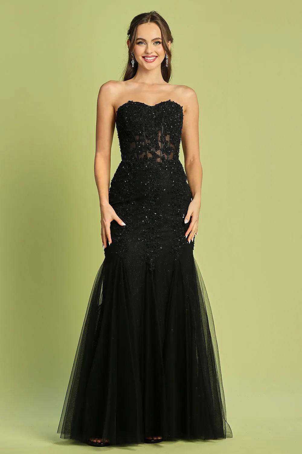 AD 3108 - Fit & Flare Strapless Beaded Lace Embellished Prom Gown With Corset Back