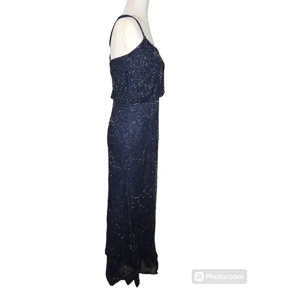Adriana Papell Art deco Beaded Blouson Gown Navy Bridesmaid Size 6
