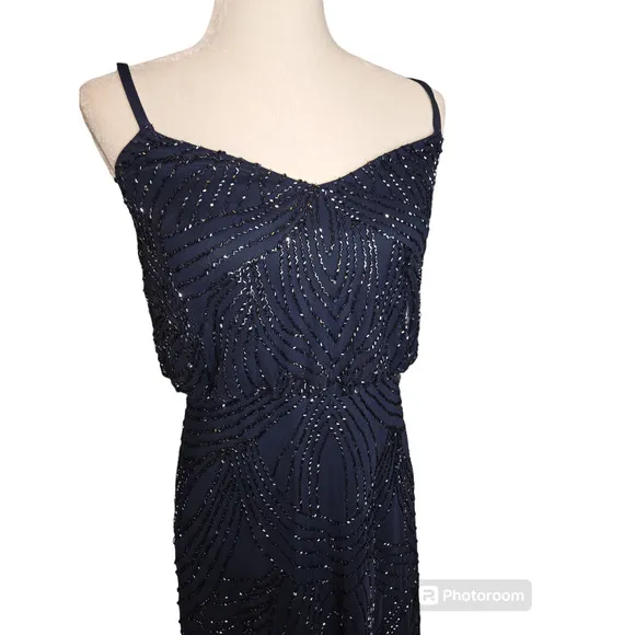 Adriana Papell Art deco Beaded Blouson Gown Navy Bridesmaid Size 6