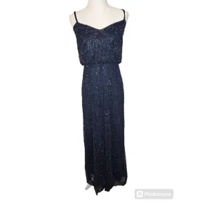 Adriana Papell Art deco Beaded Blouson Gown Navy Bridesmaid Size 6